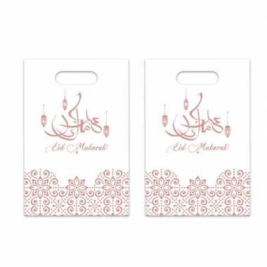 6x stuks ramadan mubarak thema feestzakjes/uitdeelzakjes wit/rose goud 23 x 17 cm- feestje!