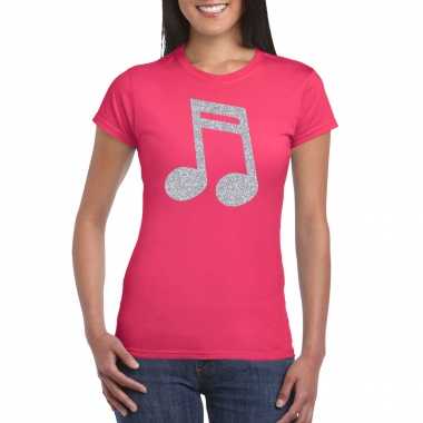 Zilveren muziek noot / muziek feest t-shirt / kleding roze damesfeestje!