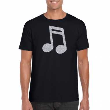Zilveren muziek noot / muziek feest t-shirt / kleding zwart herenfeestje!