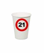 8x stuks feest verjaardag bekertjes 21 jaar stopbord thema feestje