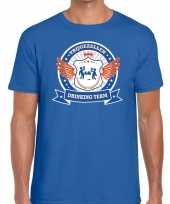 Blauw vrijgezellenfeest drinking team t-shirt blauw oranje heren feestje