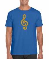Gouden muziek noot g sleutel muziek feest t-shirt kleding blauw heren feestje