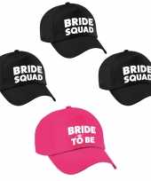 Vrijgezellenfeest dames petjes pakket 1x bride to be roze 5x bride squad zwart feestje