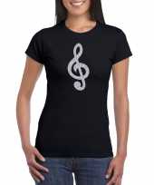 Zilveren muziek noot g sleutel muziek feest t-shirt kleding zwart dames feestje