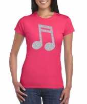 Zilveren muziek noot muziek feest t-shirt kleding roze dames feestje